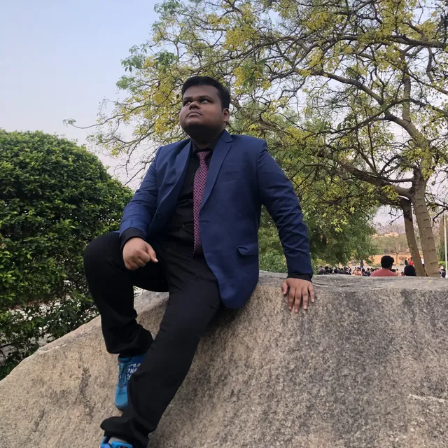 Aditya perched on a big rock under a tree, looking into the distance